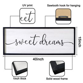 Sweet Dreams Wall Art 40''×15'' Framed Natural Wood Inspirational Hanging Sign Quotes Wall Decor for Farmhouse Bedroom Living Room Essentials