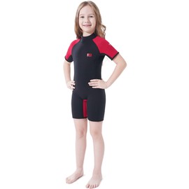 Dark Lightning 3/2mm Kids Wetsuit for Boys and Girls, Neoprene Thermal Swimsuit, Toddler/Junior/Youth One Piece Wet Suits for Scuba Divingkeboarding, (Kids Size 6, Shorty-Red)