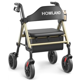 HOMLAND Walkers for Seniors with Seat, Foldable Rollator Walker, Reinforced Aluminum Frame, 8" Big Rubber Wheels for All Terrain, Height Adjustable Lightweight Rolling Walker