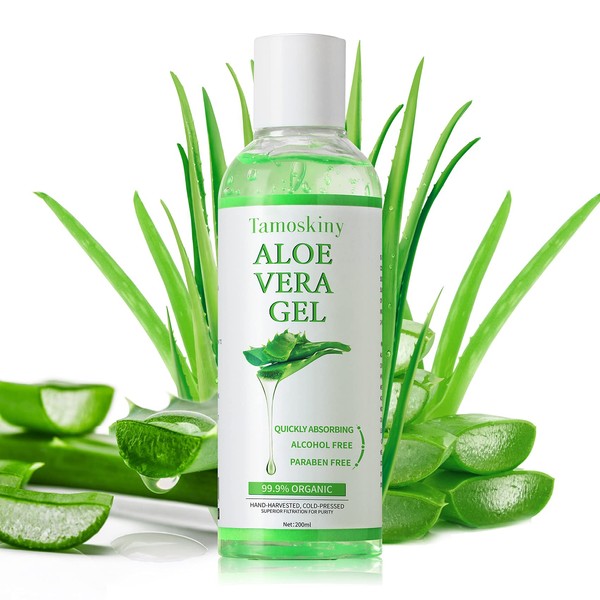 99.9% Organic Aloe Vera Gel for Face, Hair, Sunburn Relief, Pure Aloe Vera Soothing Gel for Skin Care, Acne, After Sun Repair, After Shave, No Sticky Residue, Moisturizing Quick Absorbing - 6.8 oz