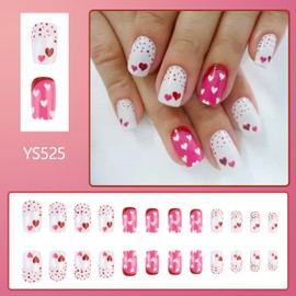 FIEONCIY Press on Nails Short Square Glossy Full Cover Acrylic Short Square False Nails with Heart Designs Artificial Square Fake Nails Glue ons Fingernails for Women Girls(YS525)