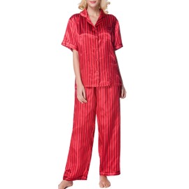 Lavenderi Women's Short Sleeve Classic Satin Pajama Set（XX-Large,Red Stripe