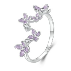 Kerraom Ring Purple Flower 925 Sterling Silver Proposal Engagement Ring Eternity Women's Open End Ring Gift for Girlfriend, Sterling Silver