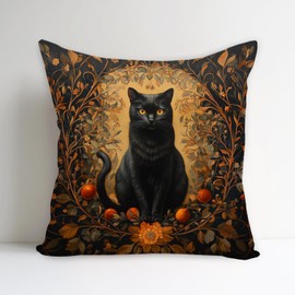 YOU FOUND ME William Morris Abstract Vintage Black Cat Design Throw Pillow Cover Home Decor, Art Deco Pillowcase Cushion Cover for Bed Sofa Living Room, Indoor and Outdoor 18x18inch (Black Cat2)