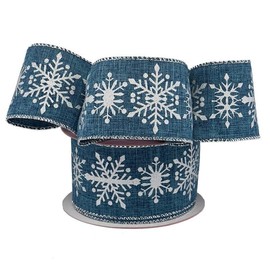 2 1/2 X 10 Yards Silver/Blue Snowflake Linen Ribbon Christmas