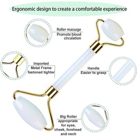 Jade Face Roller, Natural Skin Massager Roller Set, Face Roller Massage Tool, Natural Slimming Stone Anti-Aging Eye Roller for Rejuvenate Skin, Dark Circles and Puffiness (White)