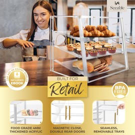3 Tray Acrylic Bakery Display Case Countertop with Magnetic Rear Doors Access, Removable Trays & Gold Accents, Acrylic Pastry Display Case for Desserts, Cookies, Bread & Baked Goods (21"x16"x17")