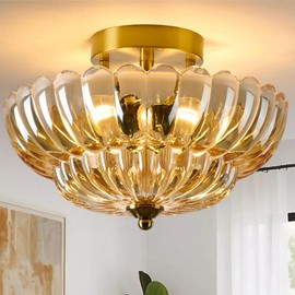Semi Flush Mount Ceiling Light Fixture, Vintage Crystal Glass with Gold Metal Frame, Modern Close-to-Ceiling Lighting for Bedroom Kitchen Living Room Hallway ,Support inclined roof installation