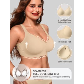 OEAK Women Bras No Underwire Scalloped Push Up Buttery Soft Tshirt Bra Seamless Full Coverage Convertible Everyday Bra Semolina,2XL