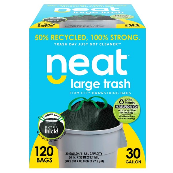 Neat Tall Kitchen 30 Gallon Drawstring Trash Bags - (MEGA 120 COUNT) - Triple Ply Fortified, Eco-Friendly 50% Recycled Material, Neutralize+ Odor Technology, Reversible Black and White Garbage Bags