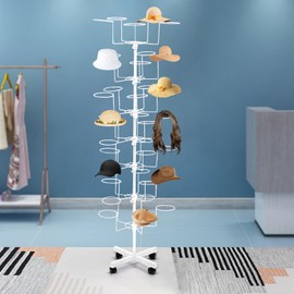 7-Tier Rotating Hat Display Rack Stand Metal Freestanding Hat Storage Rack with 35 Hooks Hat,Cowboy Baseball Hat Organizer Rack with Wheels,Adjustable Height Hat Holder for Home,Retail,Store,Office