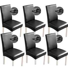 Shukii Stretch Dining Chair Covers - Waterproof PU Leather Slipcovers - Universal Chair Protectors for Dining Room, Kitchen, Hotel (Set of 6, Black)