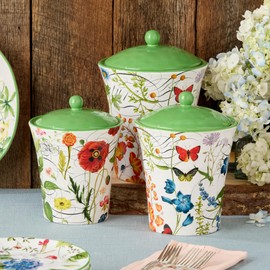 Greenhouse Ceramic Canister Set, 3-Piece, Includes 92oz, 64oz & 54oz Sizes, Airtight Lids, Vibrant Floral Design with Butterflies & Dragonflies, Perfect for Coffee, Tea, Sugar & Pantry Storage