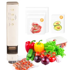 Vacuum Sealer with 40 Bags, 2 IN 1 Full Automatic Handheld and Countertop Sealer for Dry Moist Food, Built-in Magnetic Base&Cutter, for Sous Vide and Mason Jars, Viewing Tank, Compact, Beige