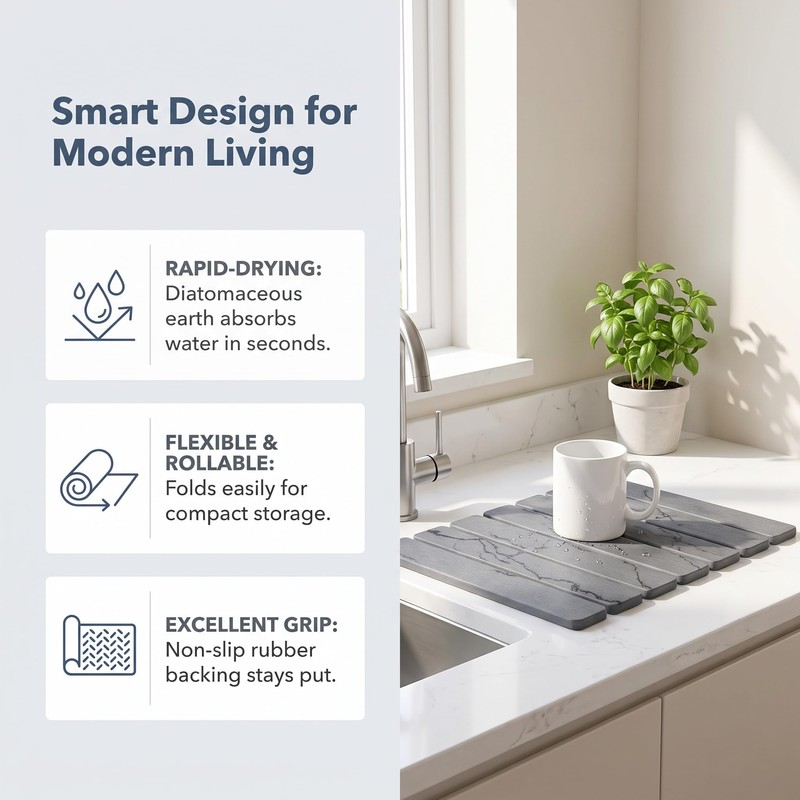 Foldable Diatomite Dish Drying Mat for Kitchen Counter, Gray Marble