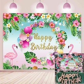 Summer Happy Birthday Backdrop Tropical Hawaiian Flamingo Flowers Palm Leaves Summer Beach Photography Background Aloha Beach Baby Shower Luau Party Supplies Photo Booth Props (7x5FT)