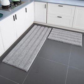 TENGTENGLINK Bath Mats for Bathroom Sets,2 Piece Bath Rugs,Thick Soft Chenille Floor Mats,Non Slip Shower Mats Ultra Water Absorbent Doormat.(Light Grey,16x24 Plus 16x47)