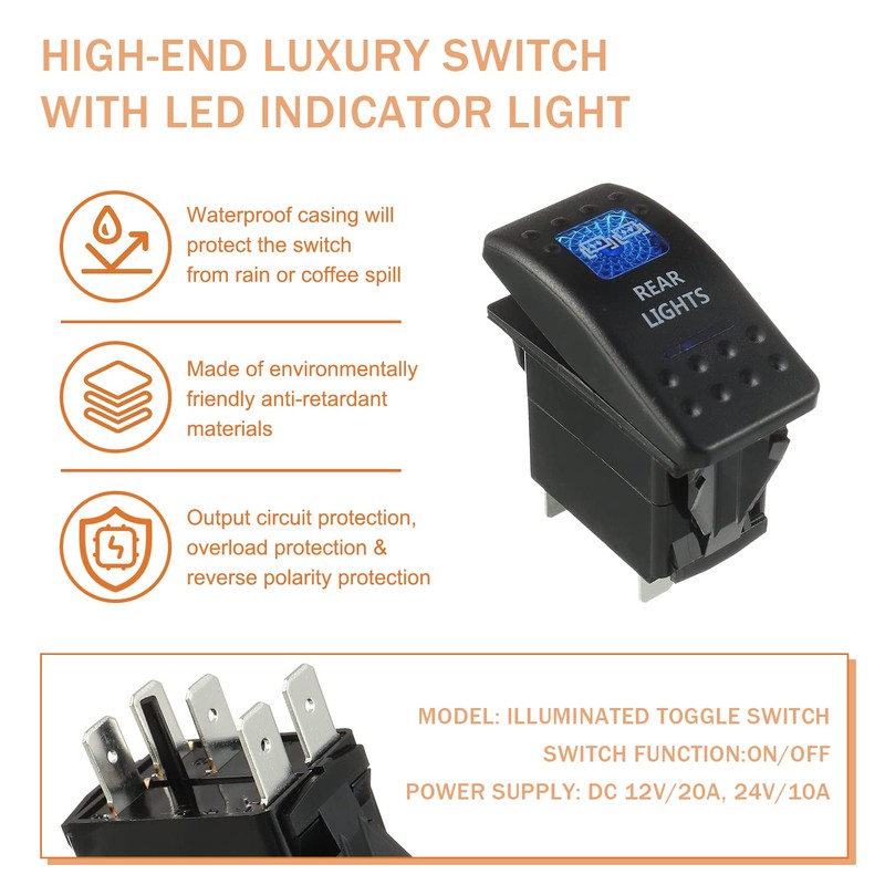 HUAREW 12V 20A Rocker Switch Panel Blue LED Light, Waterproof