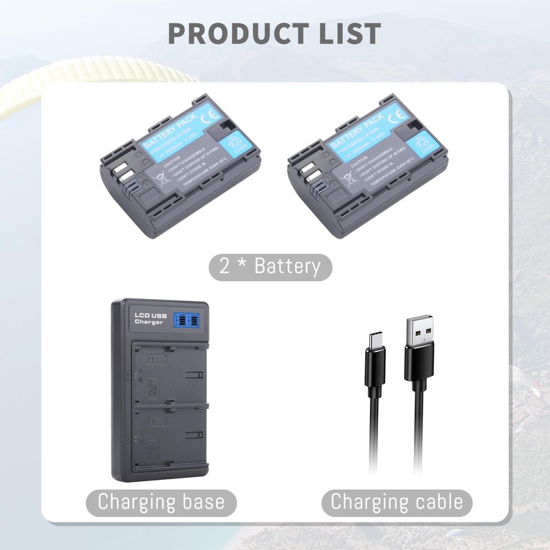 2 Pack LP-E6N LP-E6NH LP-E6 Battery, Dual-Channel Charger Compatible for