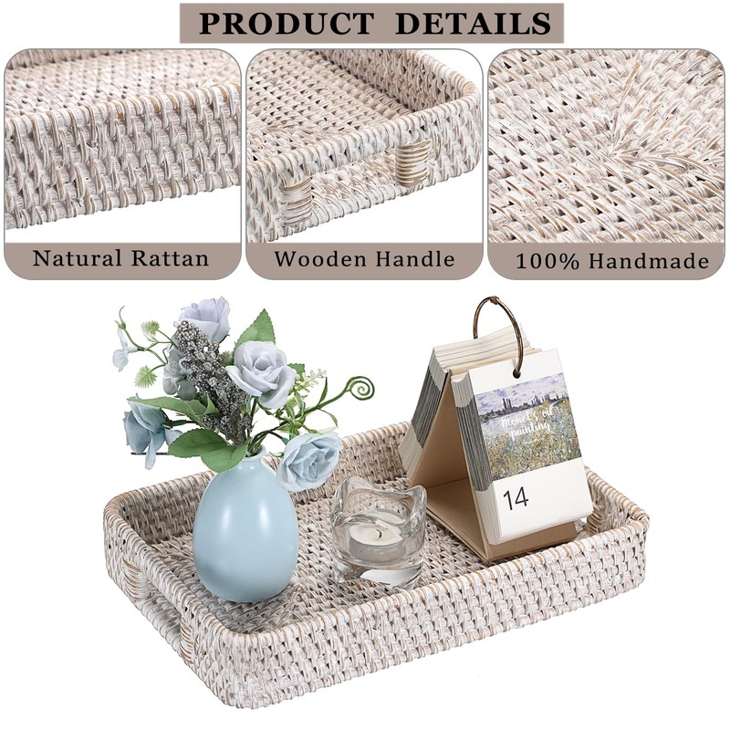 Hipiwe Hand Woven Tray with Handle Whitewash Rattan Serving Tray