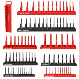 TOOLEAGUE 9Pcs Socket Organizer Tray and Magnetic Wrench Holder Set,Red SAE & Black Metric, 1/2", 1/4", 3/8" Socket Storage Trays for Tool Box Drawer