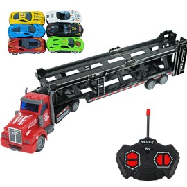 Remote Control Car Transporter Truck Includes 6 Cars, 14" 1:48 Car Transporter Semi Truck Toy, Equipped with 2 Rechargeable Batteries, Gifts Ideas for Boys Age 3-8 Year Old