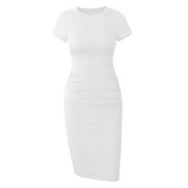 Missufe Women's Ruched Casual Sundress Knee Length Bodycon Sheath Dress (Cream White, Large)