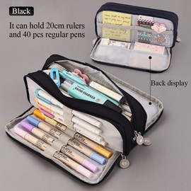 Large Pencil Case 3 Compartments, Big Capacity Pencil Pouch with Zipper, Stationery Pen Bag Organizer for Girls Women Kids Adults Students Teachers School Office - Black
