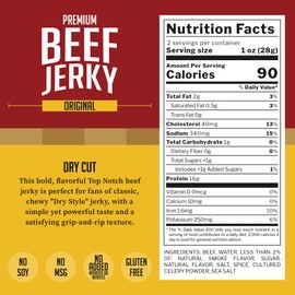 Top Notch Dry Cut Jerky – 2.2 oz Bag of Classic Dry Style Beef Jerky - High Protein Snacks for Kids and Adults Made From Locally Raised Beef, No Artificial Ingredients (Original)