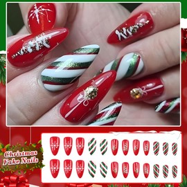 Ceboic Christmas Press on Nails Long Almond - 24Pcs Red Green Stripes Glitter French False Nails with Christmas Tree Ribbon Designs - Acrylic Fake Nails Kit Removable Stick on Nails for Women & Girls