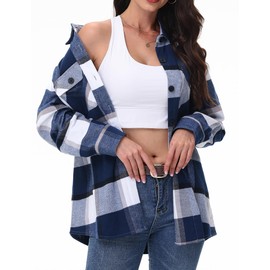 YUCOLEN Women's Flannel Plaid Shirts Button Down Long Sleeve Soft Flannel Shacket Loose Fit Casual Blouse Tops Blue M