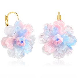 unixmoment Bohemian Handmade Colorful Resin Flower Floral Camellia Dangle Drop Leverback Earrings For Women (Blue Pink)