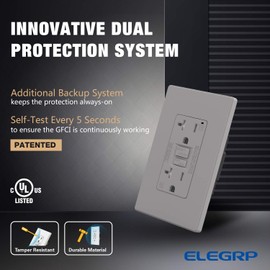 ELEGRP GFCI Outlet 20 Amp, Self-Test GFI Electrical Outlet with Thinner Design, TR Tamper Resistant GFCI Receptacle, Ground Fault Circuit Interrupters with Wall Plate, UL Listed, Grey, 1 Pack