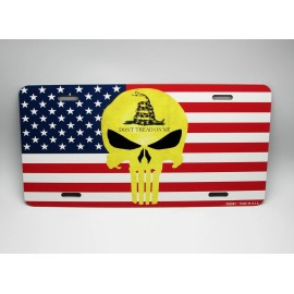 DIGIART INTERNATIONAL DON'T TREAD AMERICAN FLAG GADSDEN FLAG SKULL METAL CAR LICENSE PLATE