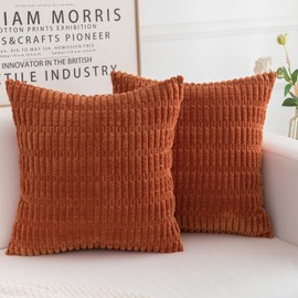 HERAYLI Corduroy Fall Decorative Throw Pillow Covers, Boho Stripe Soft Square Cushion Case Home Decor for Living Room Couch Bed Sofa, Set of 2 Pack, Burnt Orange, 18x18 Inch