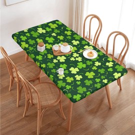 Fiokroo Happy St. Patrick's Day Tablecloth with Elastic Edge for 4ft Rectangle Table, Table Cloth Lucky Clover Washable Table Cover for Kitchen Dining Party Outdoor Picnic Decoration, 48" L X 30" W
