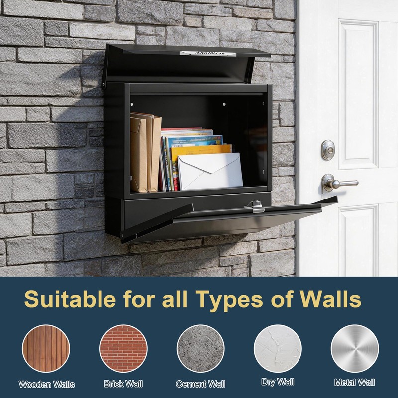 Modern Black Mailbox Wall Mount for Outside, Large Locking Security