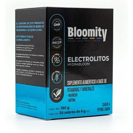 HydraBloom Electrolitos – Suplemento de Vitaminas y Minerales Magnesio y Biotina Sin Azúcar Vegano Sabor Pepino Limón – 30 sobres x 6 g
