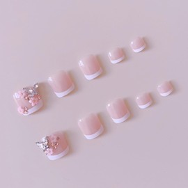White French Tip Press On Toe Nails Short Square Fake Toenails with Charms 3D Flower Butterfly Rhinestone French Press On Toenails Acrylic Glue On Toenails Summer False Toe Nails For Women Girls 24PCS