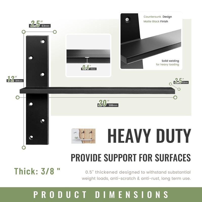 Floating Shelf Brackets Heavy Duty 3/8" Thick 3 Pack 20"