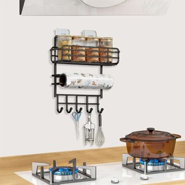 TocTen Spice Rack for Refrigerator, Space-Saving Fridge Spice Organizer with Paper Towel Holder and 5 Hanging Hooks, Adhesive Spice Rack Shelf, Metal Spice Storage Shelf for Kitchen(Black, 3 Tier)