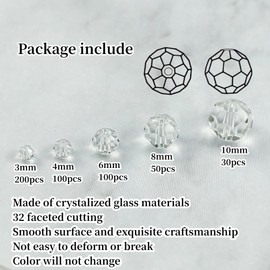 Honkoolly 480pcs Crystal Glass Beads 3mm 4mm 6mm 8mm 10mm Round Faceted Glass Beads Crystal Glass Spacer Beads for Bracelets Necklace Earring DIY Jewelry Making Craft(Clear)