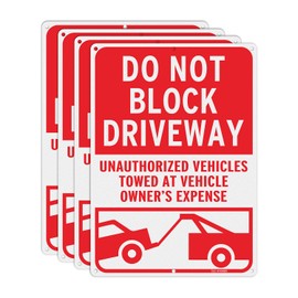T&R Large Do Not Block Driveway Signs, Unauthorized Vehicles Towed At Vehicle Owner's Expense - 4 Pack - 14 x 10 Inches Rust Free .040 Aluminum Reflective - UV Protected, Waterproof and Fade Resistant - 6 Pre-drilled Holes