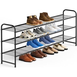 KEETDY 3-Tier Long Shoe Rack for Closet Metal Shoe Organizer for Entryway, Wide Stackable Shoe Storage Shelf with Sturdy Wire Grid for Closet Floor, Bedroom, Black