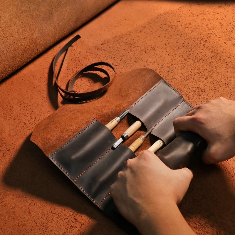 TOURBON Leather Roll Tool Pouch 10 Pockets Woodworking Carving DIY