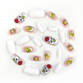 24 Pcs Easter Press on Nails Short Square Fake Nails Cartoon Yellow Cute Chick Designs Easter Matte False Nails Full Cover Stick on Nails for Women Girls Easter Spring Party Nails Art Decorations