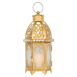 Faroles marroquíes decorativos para interiores y exteriores, de metal dorado de tamaño mediano de 11 pulgadas, decoración de vela para colgar y mesa, decoraciones de Ramadán para el hogar