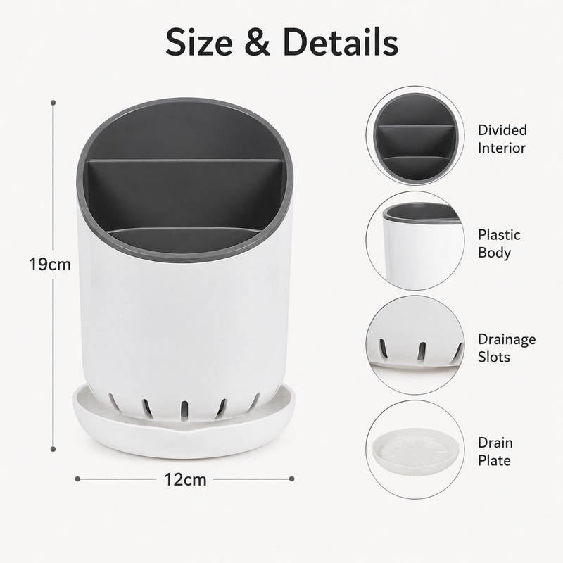 Chopstick Holder with Drain Plate for Kitchen - Divided Utensil