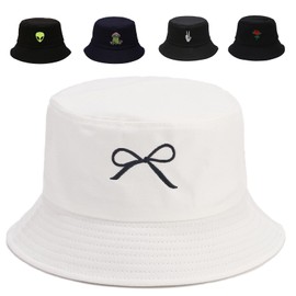 Cotton Bucket Hat for Women Men Summer Travel Sun Beach Bucket Cap, Unisex Outdoor Fisherman Hat (Bowknot White)