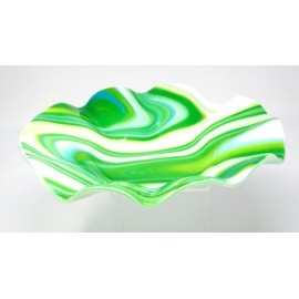 Swirled Green White and Blue Ruffled Bowl 11.5 inch Handcrafted Fused Glass